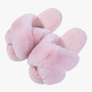 Pink snow bunny sandal fluffy fur Sherpa booties slippers slides mules slip on